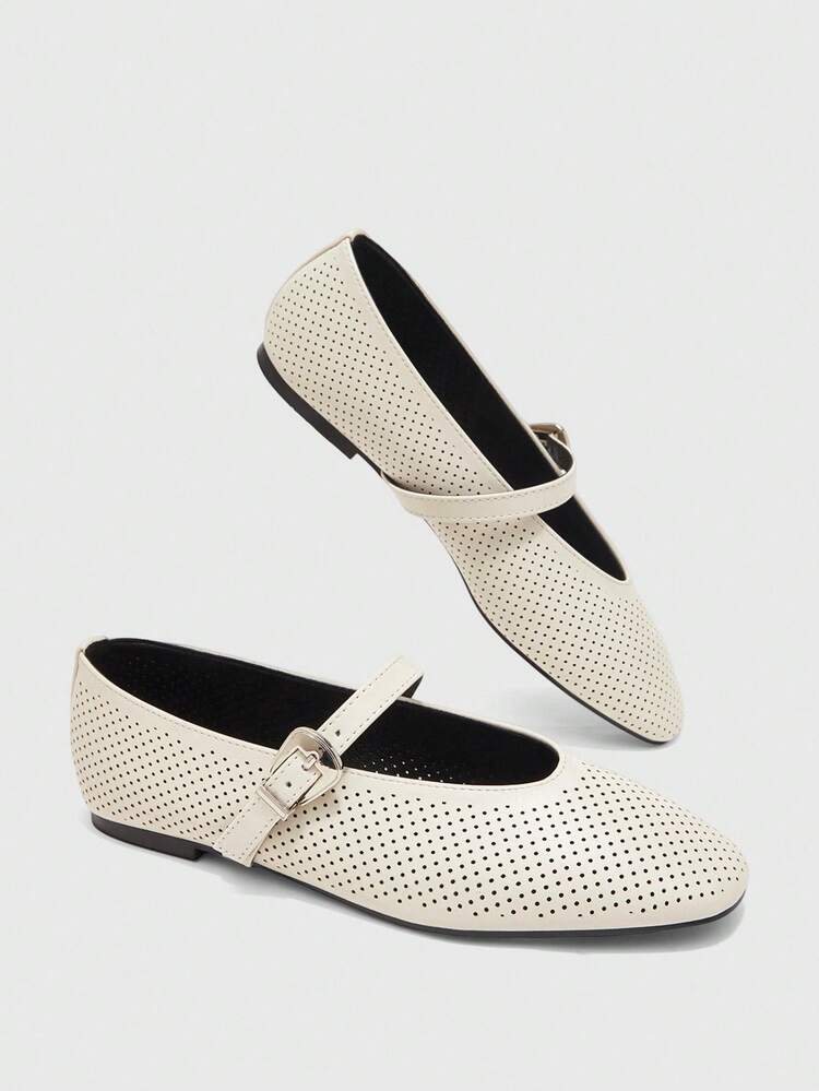 CUCCOO BIZCHIC Women's Flat Bottom Small Square Toe Apricot Word With Buckle Punching Breathable Comfortable Commuting To Work Shopping Mary Jane Women's Flat Shoes Women's Shoes