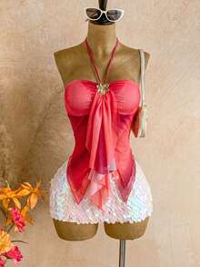 Soleia Women's Asymmetrical Hem Camisole Top With Seashell Decor, Suitable For Beach Vacation, Summer,Summer Top - Burgundy - View 3