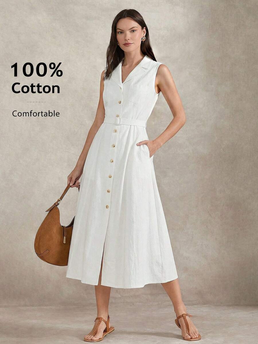 Briarwyn Đầm nữ thời trang màu trơn, cài cúc đơn, thắt eo. - trắng - Xem 1