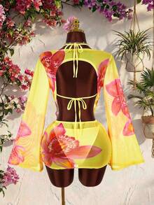 Amplova Women's Floral Print Mesh Avant-Garde Mini Set, Backless Sheer Details, Pastal, Autumn, Casual Sexy, Beach Golf, Holiday Vacation - Yellow - View 13