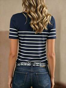 EMERY ROSE Women's V-Neck Short Sleeve Striped Print T-Shirt, Metal Zipper Design, Summer - Multicolor - View 2