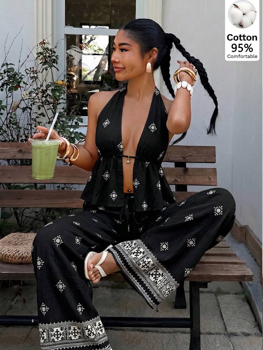 SHEIN EZwear 黑色碎花编织女士浪漫套装 - 黑色 - 查看 1