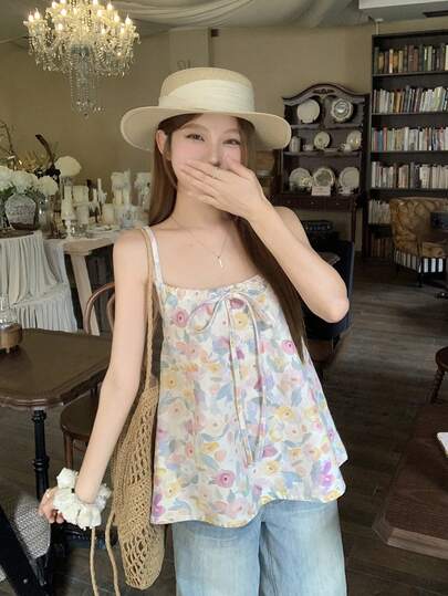 Livesso เสื้อกล้ามเดนิมสายเดี่ยวลายดอกไม้เล็กๆ สำหรับผู้หญิง สไตล์ลำลอง สำหรับฤดูร้อน วันหยุดพักผ่อน และชายหาด