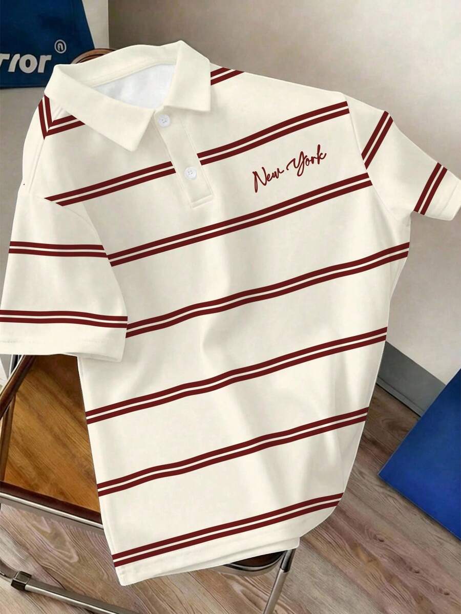 Manfinity Joysei Men's Casual Striped Polo Shirt With Button Collar, Suitable For Summer Outings, School, And Daily Wear - Apricot - View 1