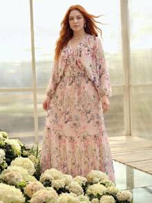 MOTF PREMIUM BLUSA CON ESTAMPADO FLORAL ROMÁNTICO PARA MUJER TALLA GRANDE, PRIMAVERA/VERANO - Rosa - Ver 7