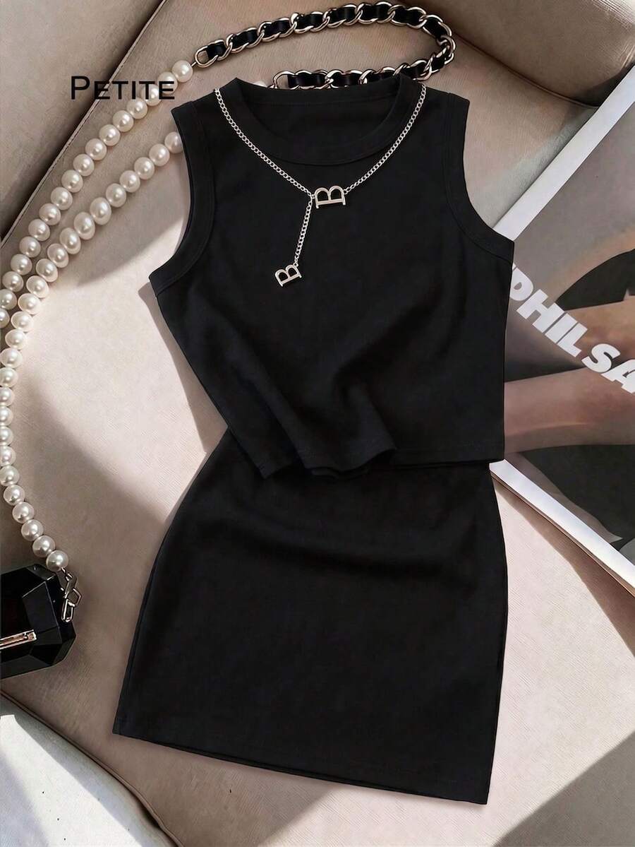 SHEIN PETITE 小碼黑色夏季性感時尚夜店風圓領修身短版背心 + 高腰緊身迷你裙 2件套,純淨氛圍,適合日常通勤、約會、派對 - 黑色 - 查看 1