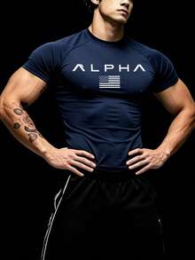RISE LYT Men's Summer Letter & American Flag Print Short Sleeve Sports T-Shirt, Gym - Navy Blue - View 3