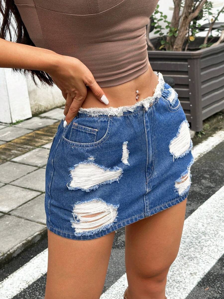 SHEIN ICON 女士休闲做旧毛边牛仔迷你裙,夏季 - 藍色 - 查看 1