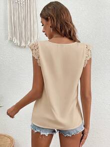 Coeurva Women's Solid Color V-Neck Contrast Lace Cap Sleeve Fashionable Blouse,Summer Top - Apricot - View 2