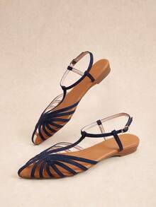 Rosivie Giày sandal đế bằng mũi nhọn màu xanh hải quân dành cho nữ, thiết kế quai chữ T rỗng, gót thấp thoải mái, kiểu dáng retro mùa hè, thích hợp đi biển hoặc đi làm. - Màu xanh ngọc - Xem 12