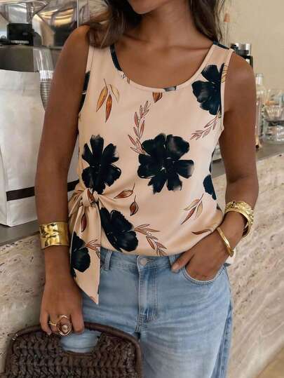 SHEIN Women's Elegant And Casual Light Pink Floral Round Neck Sleeveless Tank Top With Tie, Summer Top, Women's Beach Wear, Women's Graduation Top, Women's Elegant Top, Women's Casual Top, Women's Fashionable Top, Light Pink Top, Simple Business Attire.Work Tops For Women,Graduation Season Attire, Fashionable Casual Commuter Wear, Business Office Wear, Versatile And Stylish Everyday Casual Wear, Urban Teacher's Professional Attire,Sports,Luxury,Formal,Work Outfits For Women,Country Concert Outfit