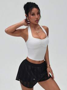 SHEIN Dewbera Women's Solid Color Pleated Cropped Racerback Tank Top - White - View 6