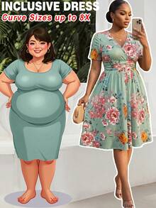 SHEIN CURVE+ Plus Size Wrap Collar Cinched Waist Printed A-Line Dress With Pockets - Multicolor - View 2