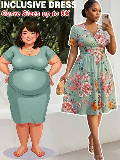 SHEIN CURVE+ 大码裹身领收腰印花A字连衣裙，带口袋