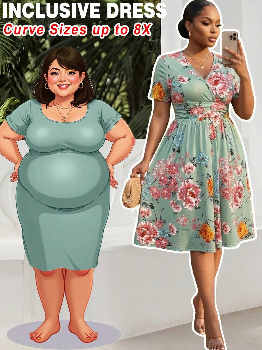 SHEIN CURVE+ Plus Size Wrap Collar Cinched Waist Printed A-Line Dress With Pockets