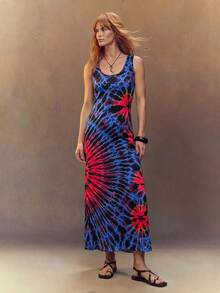 Fembélia Women's Tie-Dye Print Large Scoop Neck Sleeveless Long Summer Dress - Multicolor - View 3