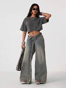 Coolane Cotton Casual Short Sleeve Cropped T-Shirt - Grey - View 2