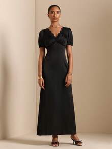 Vesra Damen Spitze Patchwork V-Ausschnitt Rüschenkleid, modisch für Dates und Partys - Schwarz - Übersicht 6