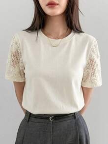 DAZY Women's Contrast Lace Loose Casual T-Shirt, Suitable For Business, Commute, Vacation And Beach, Spring & Summer - White - View 5