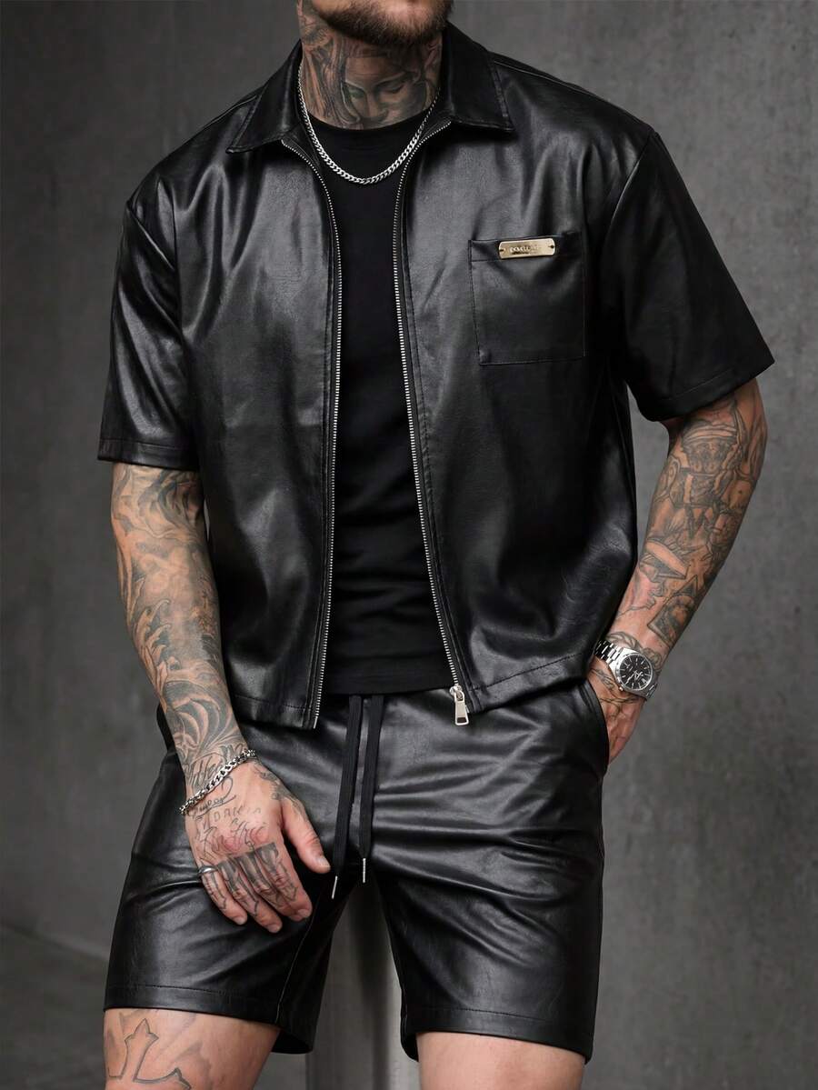 SLATEMANN 男士纯色PU皮革短袖拉链衬衫和短裤套装
