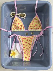 Sweetra Women's Casual Vacation Striped Sexy Halter Bikini Two Pieces Swimsuit Cheetah Print Gingham Trim Bikini Vacation Bikini Floral Bikini Tanning Summer - Multicolor - View 3