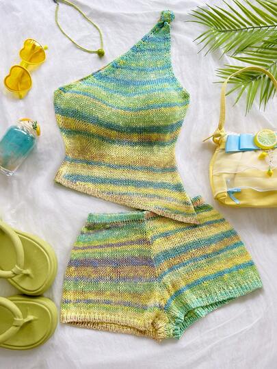 Soleia Bộ áo croptop dệt kim không tay dáng bất đối xứng dành cho nữ, phong cách nghỉ mát.