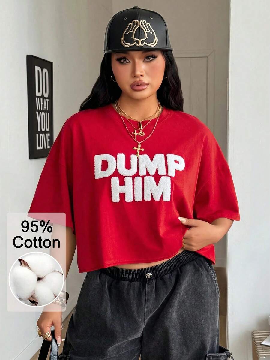 Coolane 女款大尺碼夏季秋季街頭風 Y2K 休閒純棉字母刺繡落肩寬鬆短袖圓領紅白配色 T-shirt - 紅色 - 查看 1