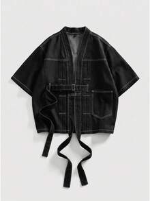 ROMWE MEN Friday the 13th X ROMWE Áo sơ mi denim nam dáng rộng có dây buộc - màu đen - Xem 1