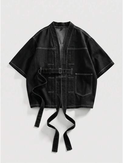 ROMWE MEN Friday the 13th X ROMWE Men's Loose Denim Shirt With Ribbons
