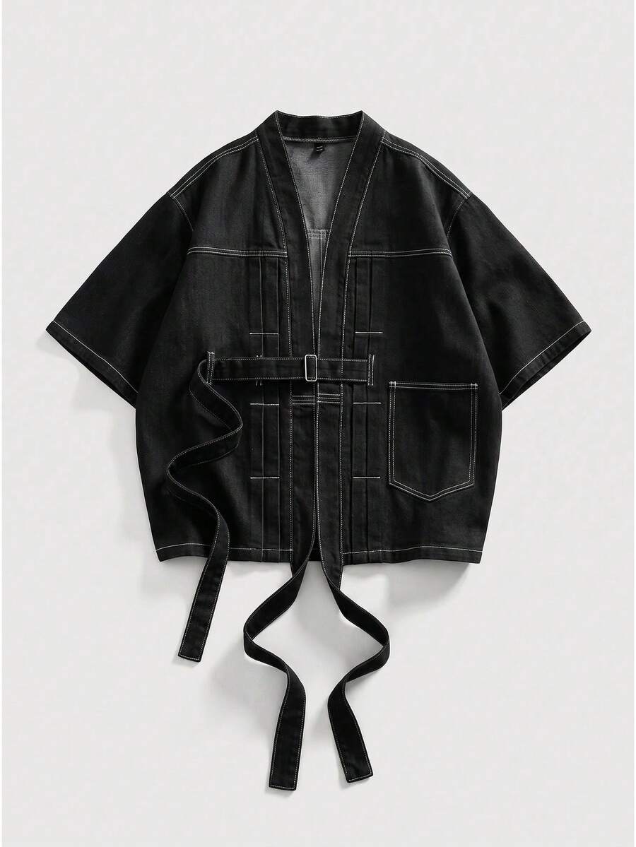 ROMWE MEN Friday the 13th X ROMWE Áo sơ mi denim nam dáng rộng có dây buộc - màu đen - Xem 1