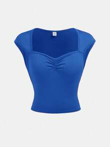 SHEIN Teen Girl Summer Casual Everyday Commute Solid Color Sweetheart Neck Ruched Bust Fitted T-Shirt - Royal Blue - View 6