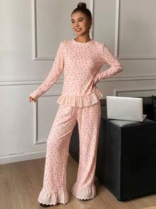 DAZY 2pcs Sweet Ditsy Floral & Embroidery Ruffle Trim Pajama Set For Women, Summer - Pink - View 4