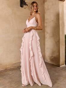 Enchnt Vestido romántico para vacaciones con volantes en el bajo, plisado y espalda descubierta - Rosa - Ver 7