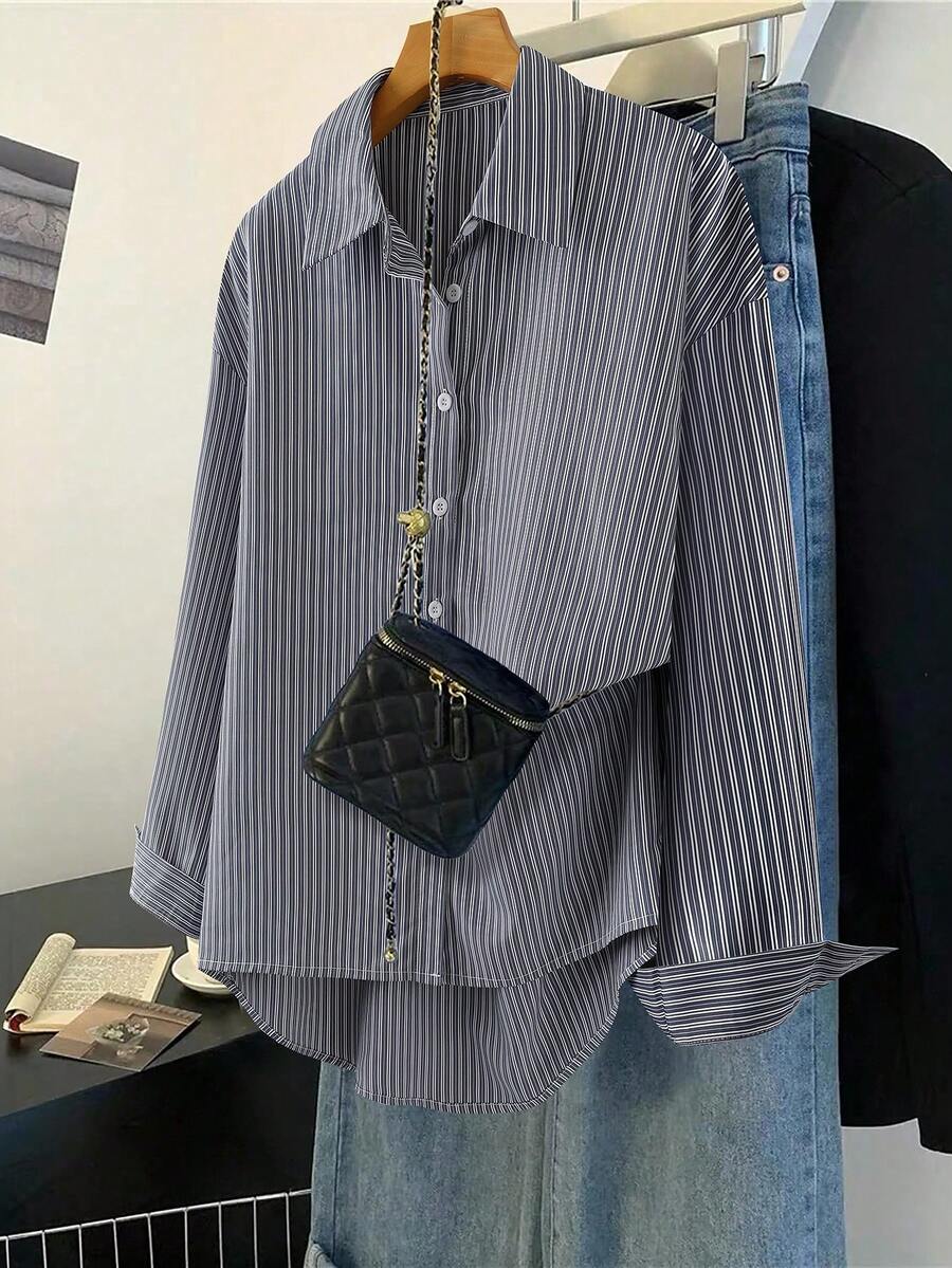 Franclia Women's Drop Shoulder Long Sleeve Button Front Striped Casual Shirt - Grey - View 1