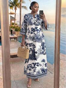 SHEIN Lady CURVE Plus Size Elegant White Floral Print Loose Notch Neck Dress,Summer Boho Kaftan Women's Holiday Resort Wear,Tea Party Casual Beach Cover Ups Outfit - Multicolor - View 1