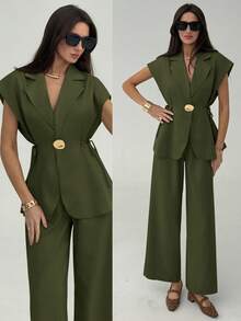 Aloruh Waist Tie Metal Decor Vest & Pants Commuter Suit Set - Army Green - View 1