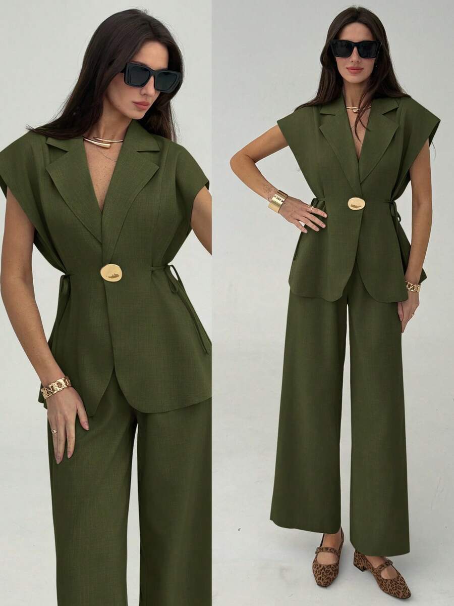 Aloruh Waist Tie Metal Decor Vest & Pants Commuter Suit Set - Army Green - View 1