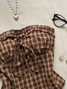 Attitoon Casual Minimalist Style Collegiate Cute Brown Plaid Frill Trim Blouse, Suitable For Spring/Summer, Y2K Retro Style,Summer Top - Brown - View 3