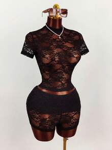 Mistrie Set de 2 piezas de top transparente de encaje y shorts, para verano - Negro - View 4