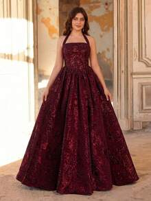 Aureia Elegant, , Fashionable Wine Red Jacquard Fabric Halter Dress, Party Wedding Guest Plus Size Bridesmaid Formal Evening Gown - Burgundy - View 7