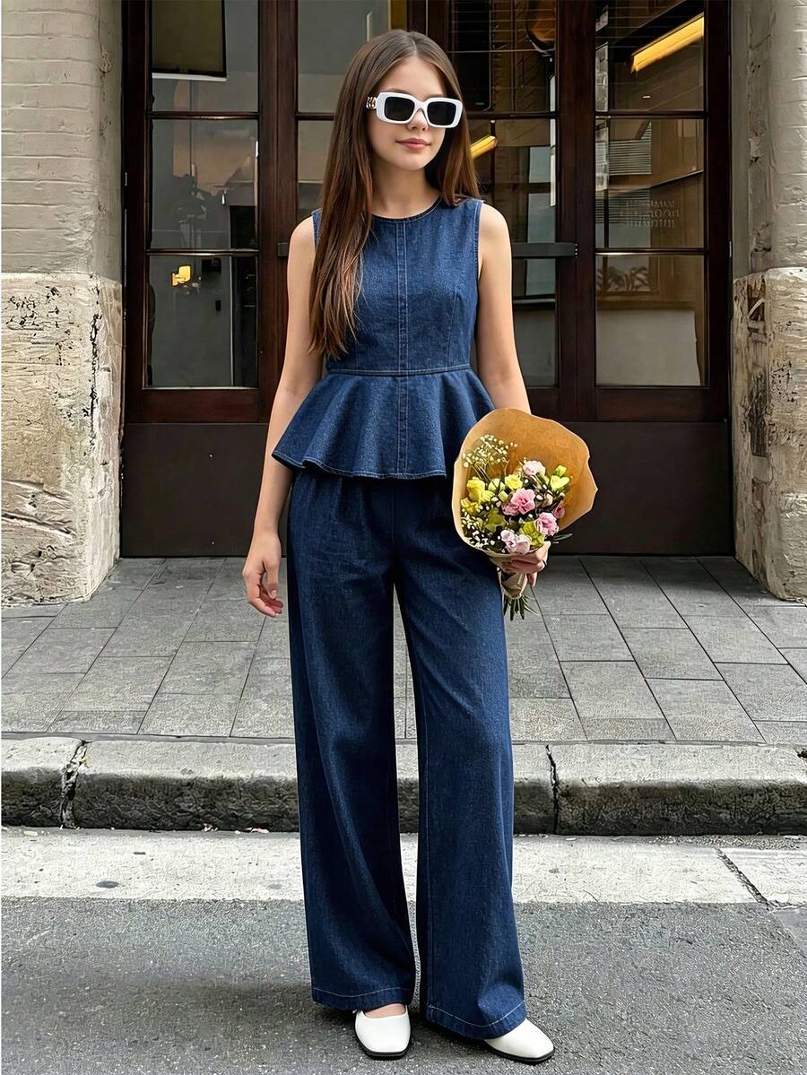 SHEIN 这款女童休闲无袖荷叶边牛仔上衣和阔腿牛仔裤套装,适合春、夏、秋季穿着,是优雅的情人节度假装扮,也适合儿童嘉年华、春夏通勤、毕业典礼、Y2K风格、街头风、派对、婚礼、商务休闲、假日度假等各种场合。这款时尚的牛仔两件套包括一件荷叶边上衣和一条飘逸的阔腿裤,专为女孩设计。 - 深色水洗藍 - 查看 1