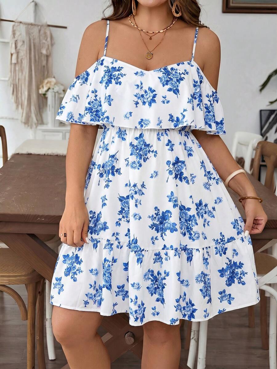SHEIN VCAY Plus Size Women Summer Casual Vacation Floral Print Cold Shoulder Waist Cinched Dress - Blue - View 1