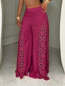 SHEIN BamGlam Women's Solid Color Hollow Out Casual Versatile Wide Leg Pants For Daily Wear - Hot Pink - View 7