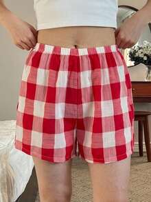 DAZY Quần pajama ngắn dáng rộng kẻ caro cho nữ, đồ ngủ mùa xuân/hè. - Đỏ và trắng - Xem 4