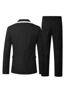 Manfinity Bizformal Men's Suit Blazer And Trousers Set, Spring/Summer Business Formal Contrast Collar Design, Ceremony - Black - View 2