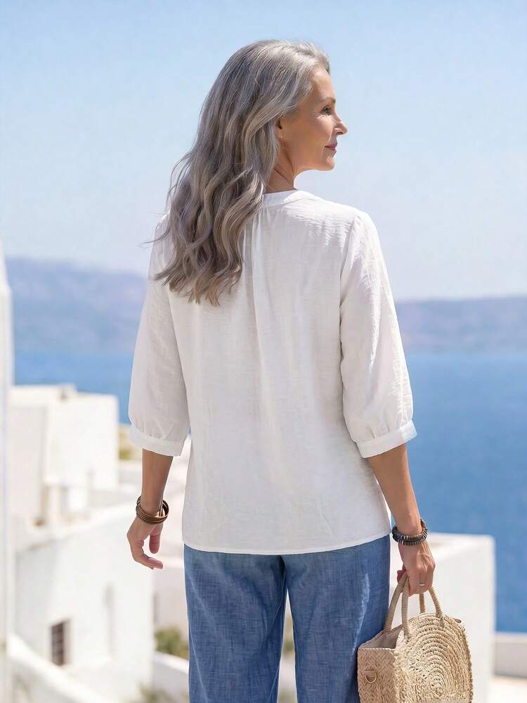 Women's Casual Button-Up 3/4 Sleeve Shirt For Summer