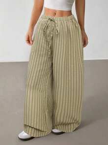 SHEIN PETITE Pantalones sueltos de cintura elástica a rayas casuales para mujeres, mujeres de talla pequeña - verde menta - Ver 3