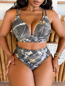 Slaydiva Conjunto de bikini con estampado de ramas de árbol para vacaciones de verano de talla grande - Multicolor - Ver 2