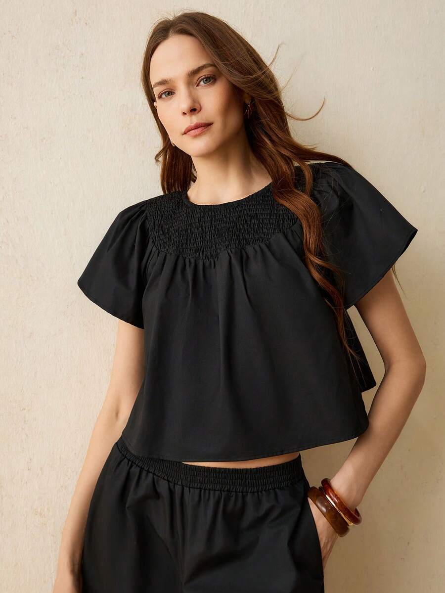 SURIMA Women's Solid Color Short Sleeve Round Neck Fitted Top - Black - View 1