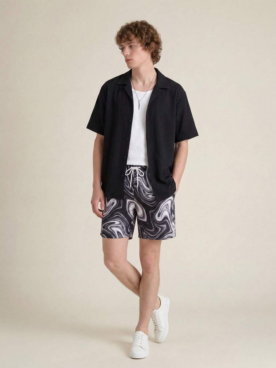 Zalmeno Plus Size Men's Marble Print Drawstring Waist Pocket Beach Shorts - Multicolor - View 1